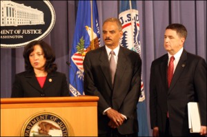 DEA's Michele Leonhart,  Atty. Gen. Holder and FBI's Kevin Perkins at press confernce/doj photo 